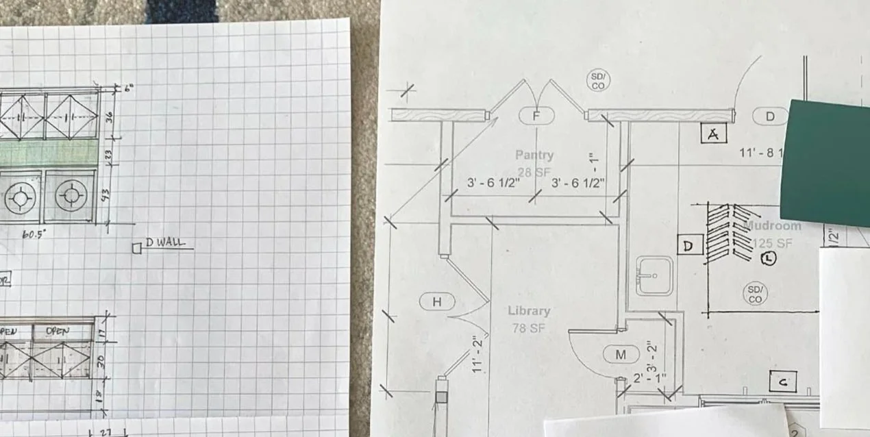Blueprint drawings of a kitchen and a library room from our recent home renovation project in New York's Capital Region