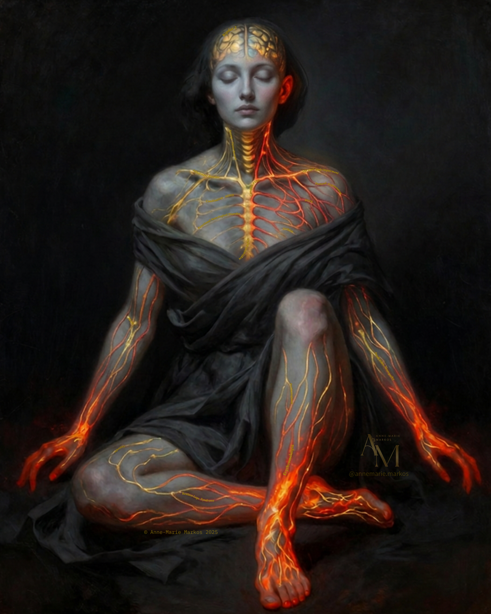 A grey-skinned woman sits cross-legged, eyes closed and calm. A glowing gold nervous system traces her brain and spine, turning molten red at her hands, lower legs and feet. Near-black background.