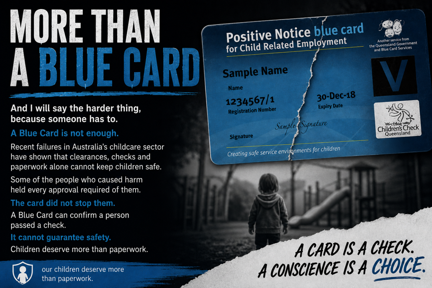 Graphic showing a cracked Blue Card over a child alone on a dark playground. Text reads: "A Blue Card is not enough. A card is a check. A conscience is a choice."