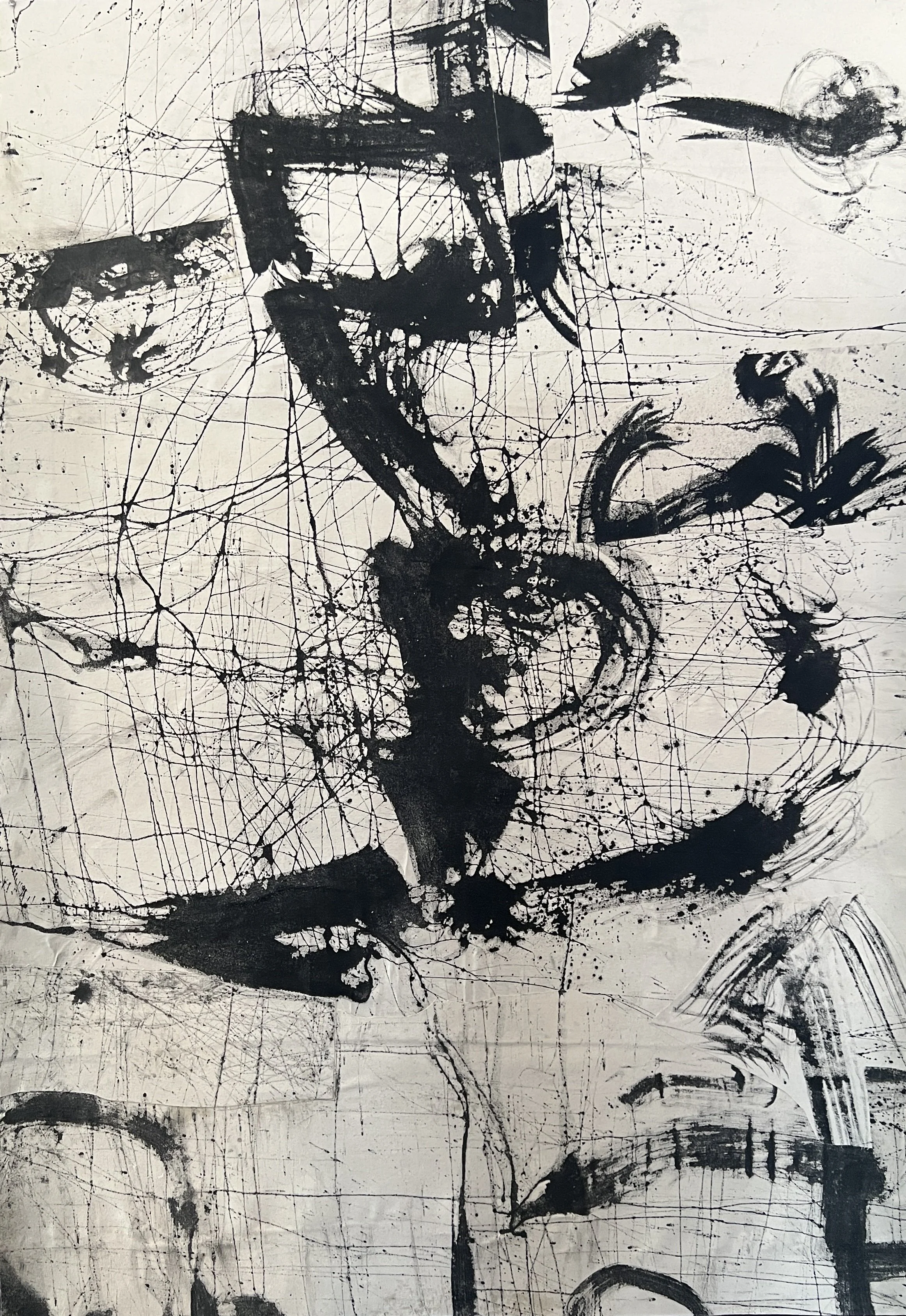 DANCING BRUSHES, acrylic collage, raw canvas, 76"x52"