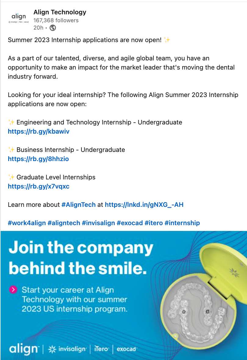 Align Technology internship announcement for Summer 2023, featuring text about engineering, technology, and business internships for undergraduates and graduates. Includes links and hashtags #work4align #aligntech #invisalign #exocad #itero #internsh