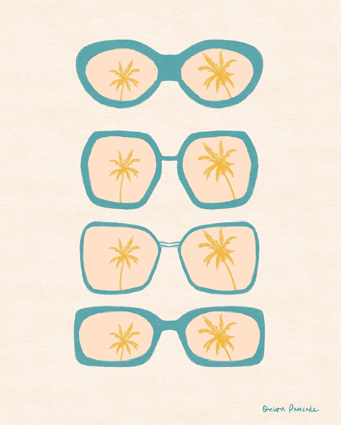 Four pairs of sunnies, all catching the same daydream. Warm breeze, soft light, the sound of laughter echoing off palm trees.

Somewhere sunny, slow, and full of little joys.
#illustrationart #sunkissedcollection #modernillustration #summervibes #whi