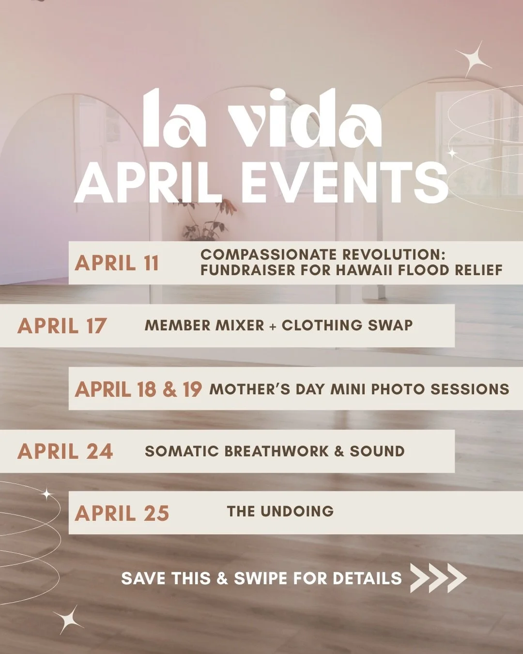 April at La Vida is bringing all the vibes ✨

From a move-for-a-cause fundraiser to breathwork, sound healing, a community mixer, and even Mother&rsquo;s Day Minis&hellip; we&rsquo;ve got something for everyone this month.

✨ April 11 &mdash; Compass