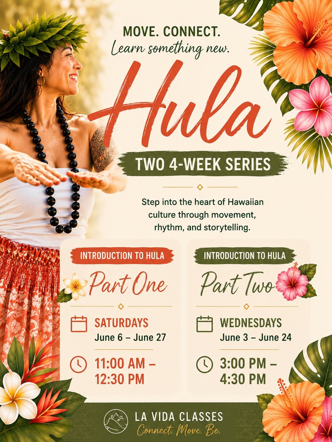 Hula is continuing at La Vida 🌺

After such a beautiful response to our first series, we&rsquo;re excited to now offer TWO 4-week Hula series with Charlene Kaye Steuri-Iwata. 
✨ Introduction to Hula &ndash; Part One Perfect for beginners and anyone 