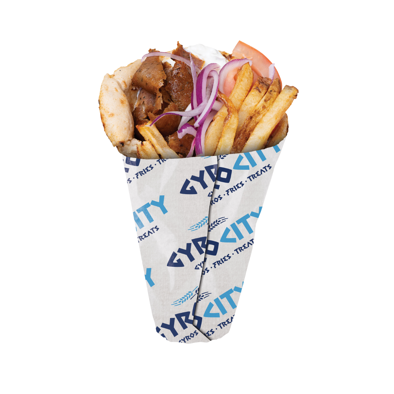 A gyro wrapped in branded paper with fries, sliced tomato, red onion, and meat inside a pita.