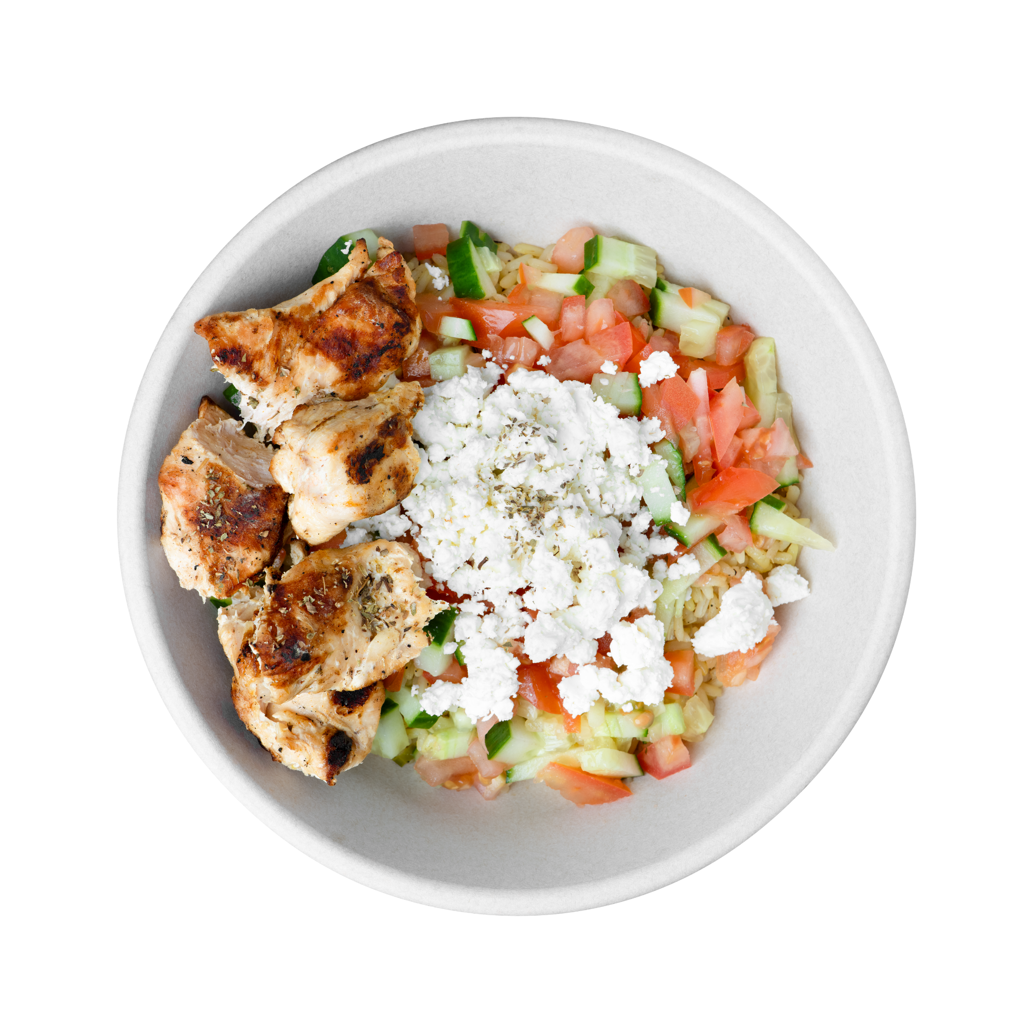 A greek salad bowl of with grilled chicken pieces, chopped tomatoes, cucumbers, and crumbled cheese from Gyro City.