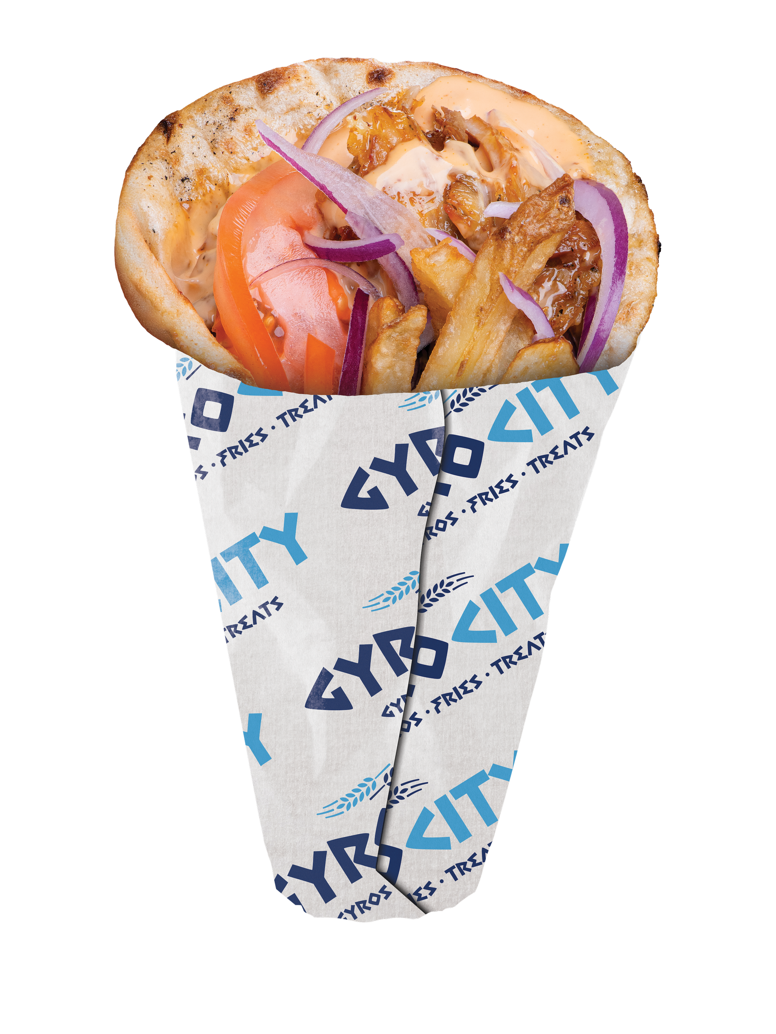 A gyro wrapped in branded paper with fries, sliced tomato, red onion, and meat inside a pita.
