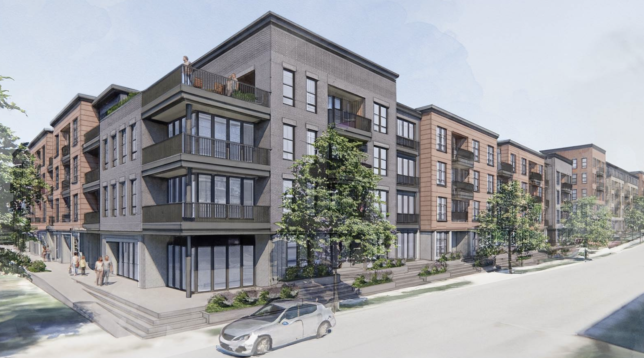 A digital rendering of a modern multi-story residential building with large windows and balconies, surrounded by trees, on a city street with a parked car and pedestrians.