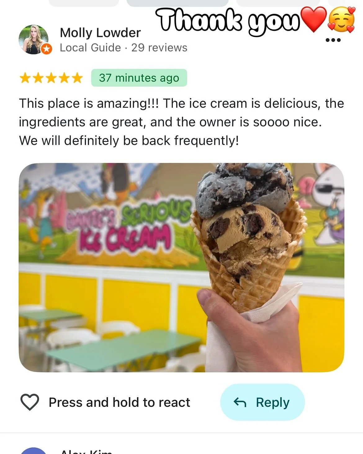 Say hello to our Cookie Monster 💙 and Espresso Brownie 🤎! Big thanks to Molly for making our day sweeter. We&rsquo;re always scooping smiles around here! ❤️ 

#dantesseriousicecream #denvericecream #westminstercolorado #icecream #coloradoicecream