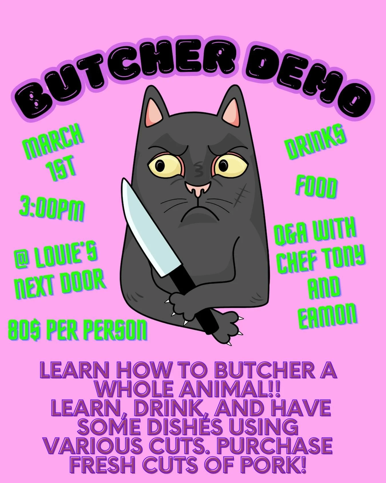 Come hang with us March 1st at 3pm @louiesnextdoor for a very cool butchering demo on how to break down a side of pork and how to use it! Tickets includes some charcuterie, tastes of pasta, Q&amp;A with the chefs and a glass of Lambrusco. Freshly but