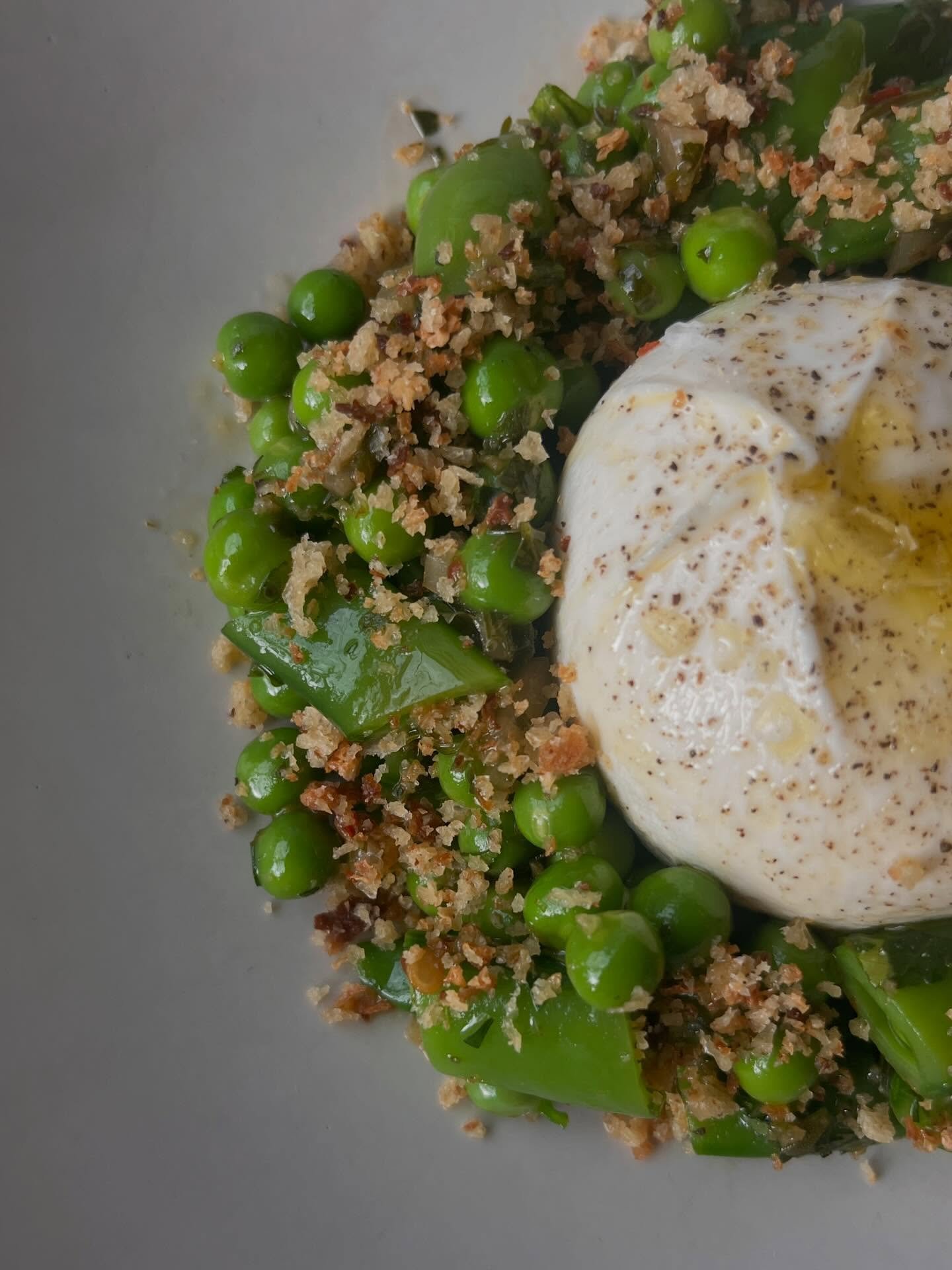 Spring is threatening the menu here at Louie&rsquo;s. Fresh English peas and crunchy sugar snaps dressed with salmoriglio and plenty of good olive oil to corral our @vermontcreamery buratta.
