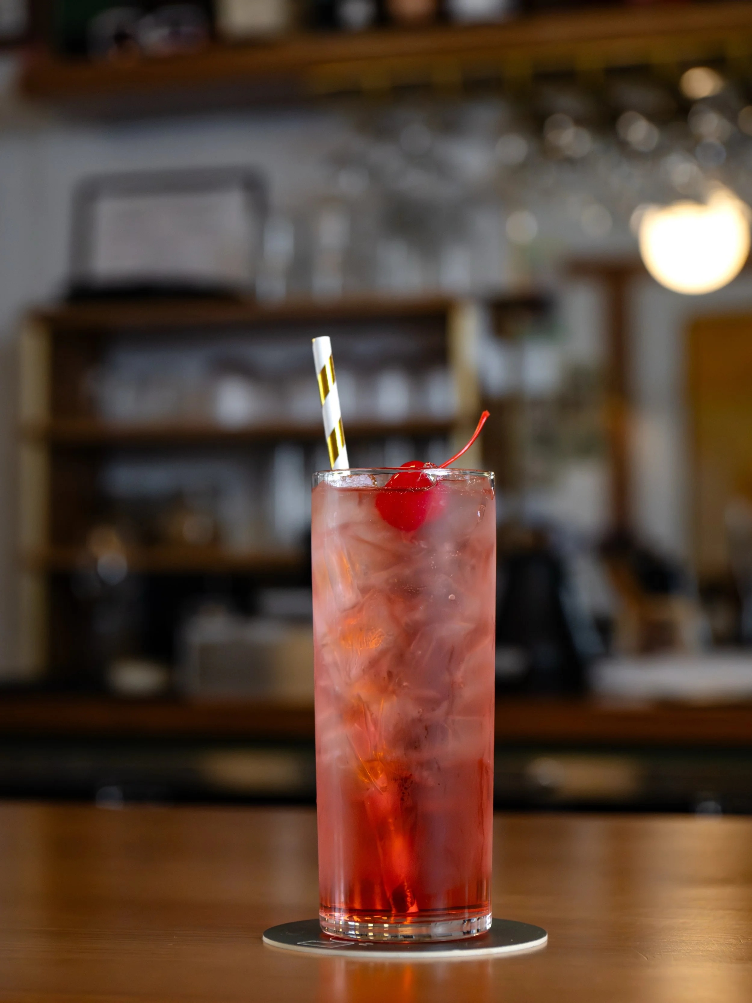 The Drrty Shirley is a bit of nostalgia in a craft cocktail. Reminds Chef Avery of a trip to Friendly's&mdash;with the iridescent maraschino garnish and stripey straw&mdash;but with a kick. That kick is a combination of Yanagita Japanese shochu (neut