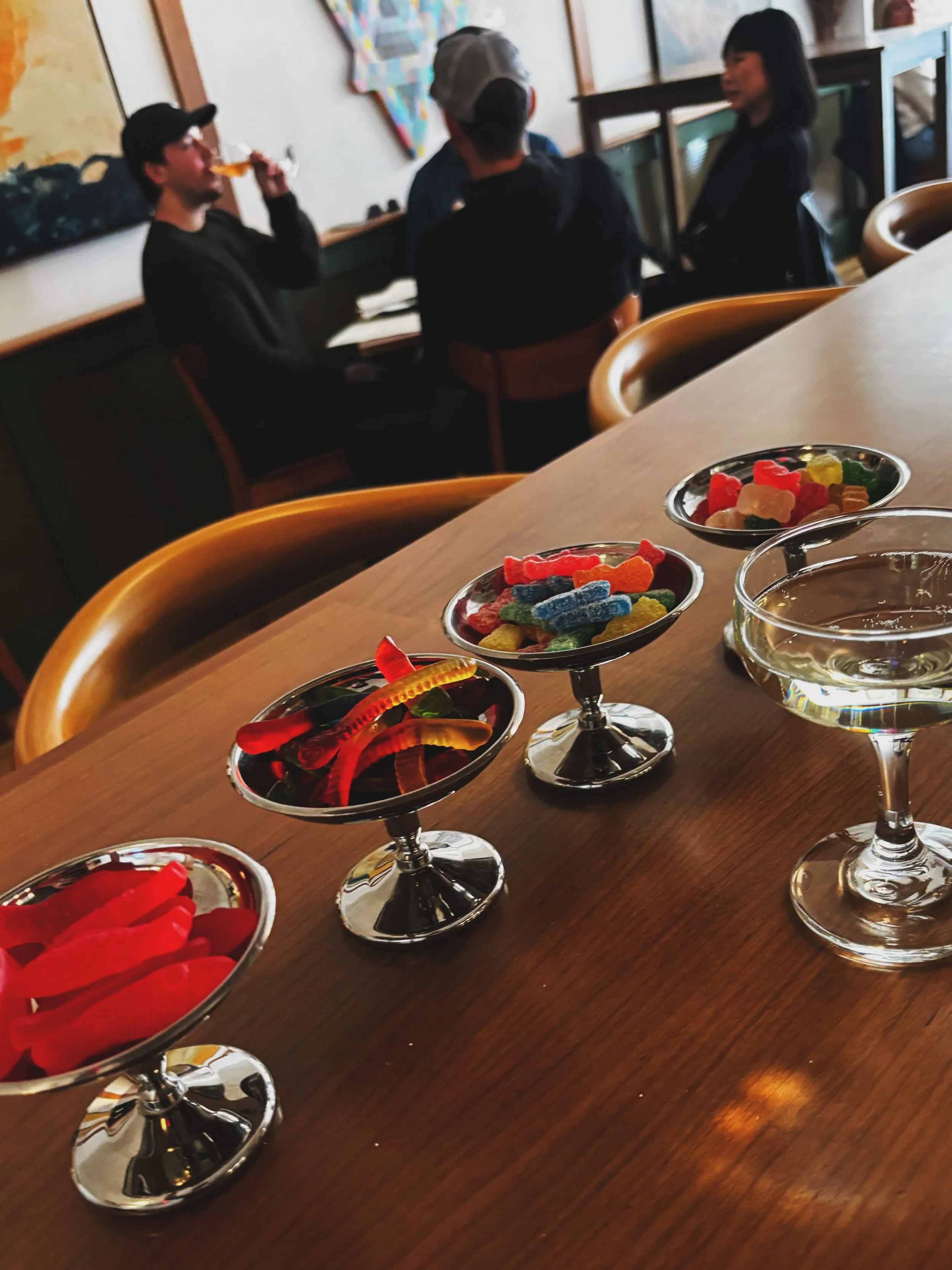 How we trick or treat. Scenes from today's candy pairing at Louie's. We paired pet-nat and sour patch kids, @wildarcfarm Carbonic Concord (aka grown-up grape soda) with Swedish Fish, Pineau des Charentes with Raisinettes, Tempranillo with Mallomars a
