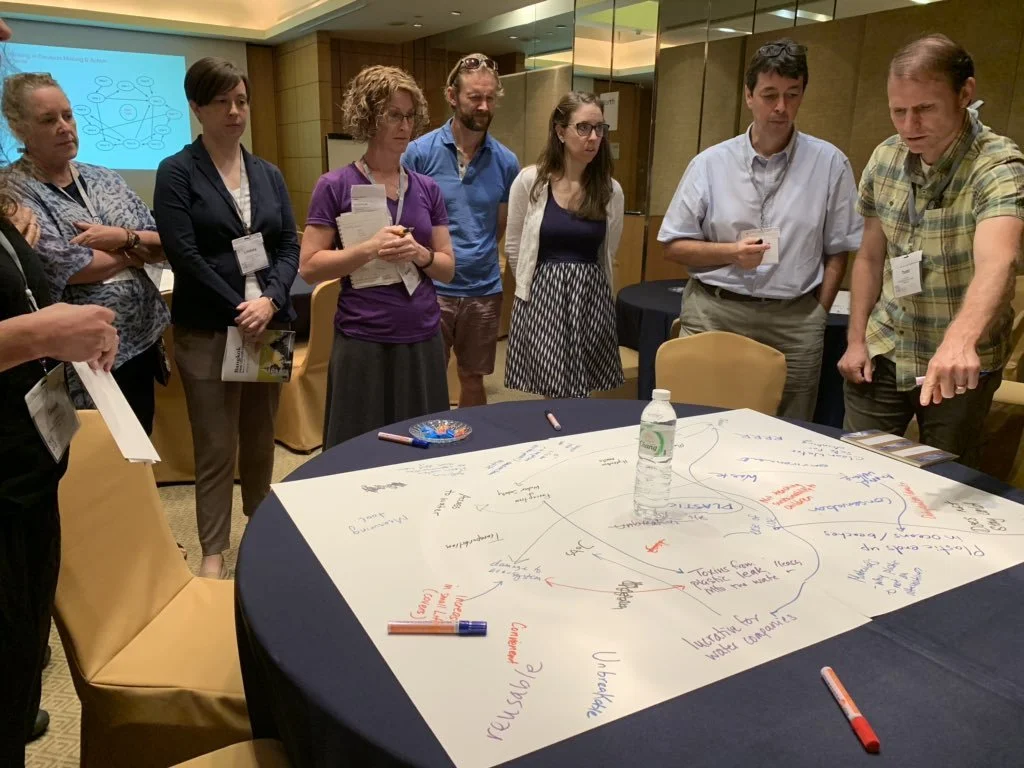 Group of people standing around a round table with a large sheet of paper, markers, and a water bottle, engaged in a discussion or workshop. The room has wood-paneled walls and a presentation screen in the background.