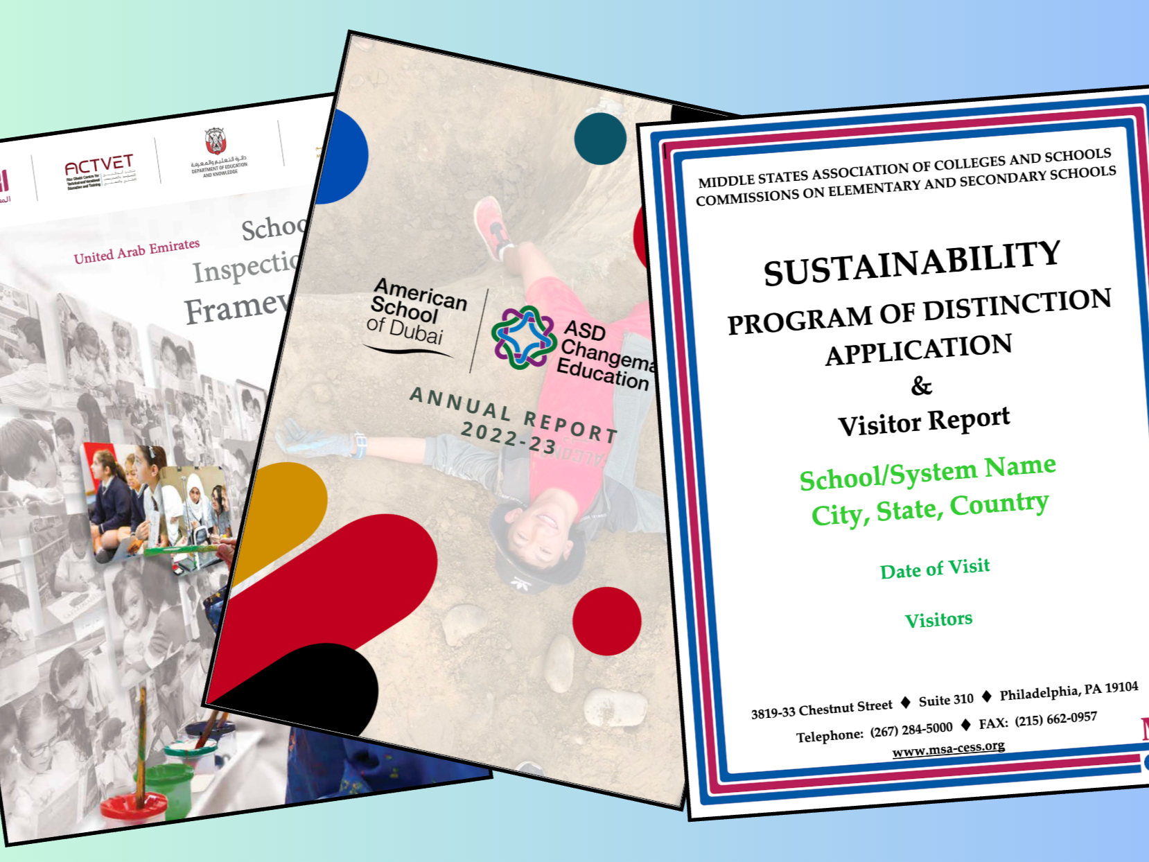 Photos of educational documents and reports, including an annual report for ASD Change Education, a sustainability program application, and inspection framework from the United Arab Emirates, displayed on a gradient background.