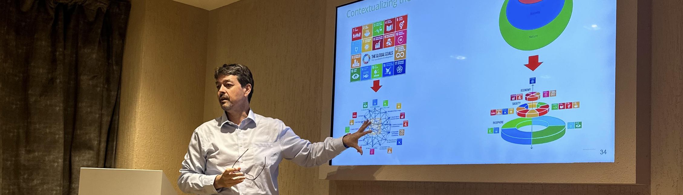 A man in a white shirt giving a presentation in front of a large screen displaying colorful diagrams related to sustainability and global goals.