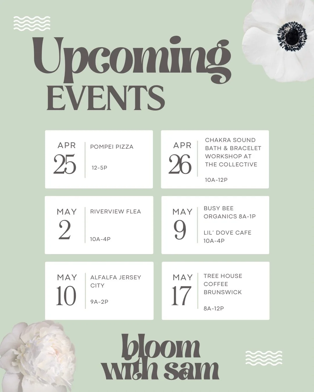 Spring has sprung 🌸

I am so excited to be back to weeks full of creating, meeting new people, sharing color and joy and beauty, and of course - flowers!

Here&rsquo;s a snapshot of where I&rsquo;ll be for the next month! I hope to see you (and your