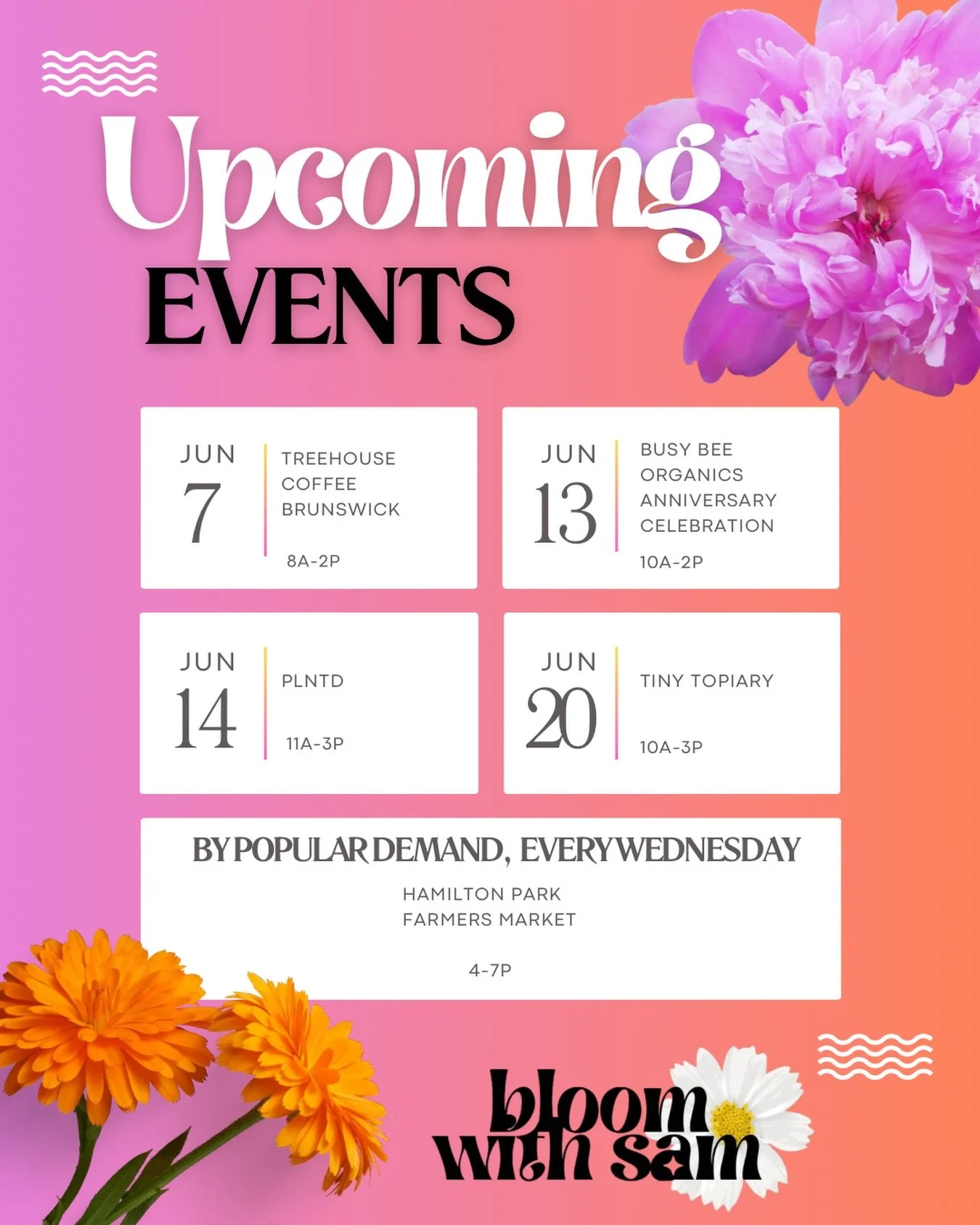 Can&rsquo;t wait to share all the beautiful and funky local blooms with you through these last few weeks of spring! 

Come by for some color, a hug, and friendship! 💗🌸