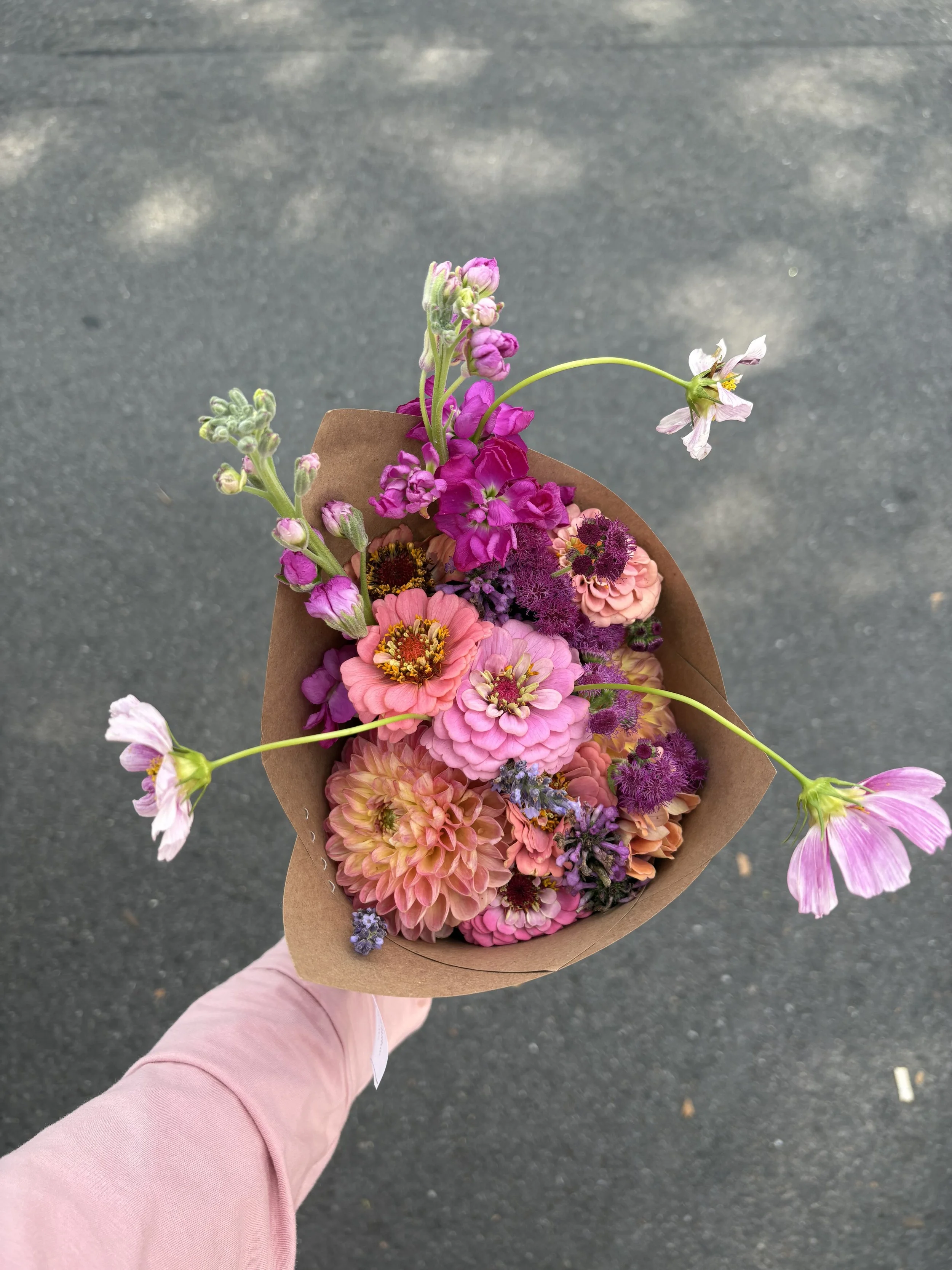 A hand holding a brown paper cone filled with pink, purple, and peach flowers on a gray asphalt surface.