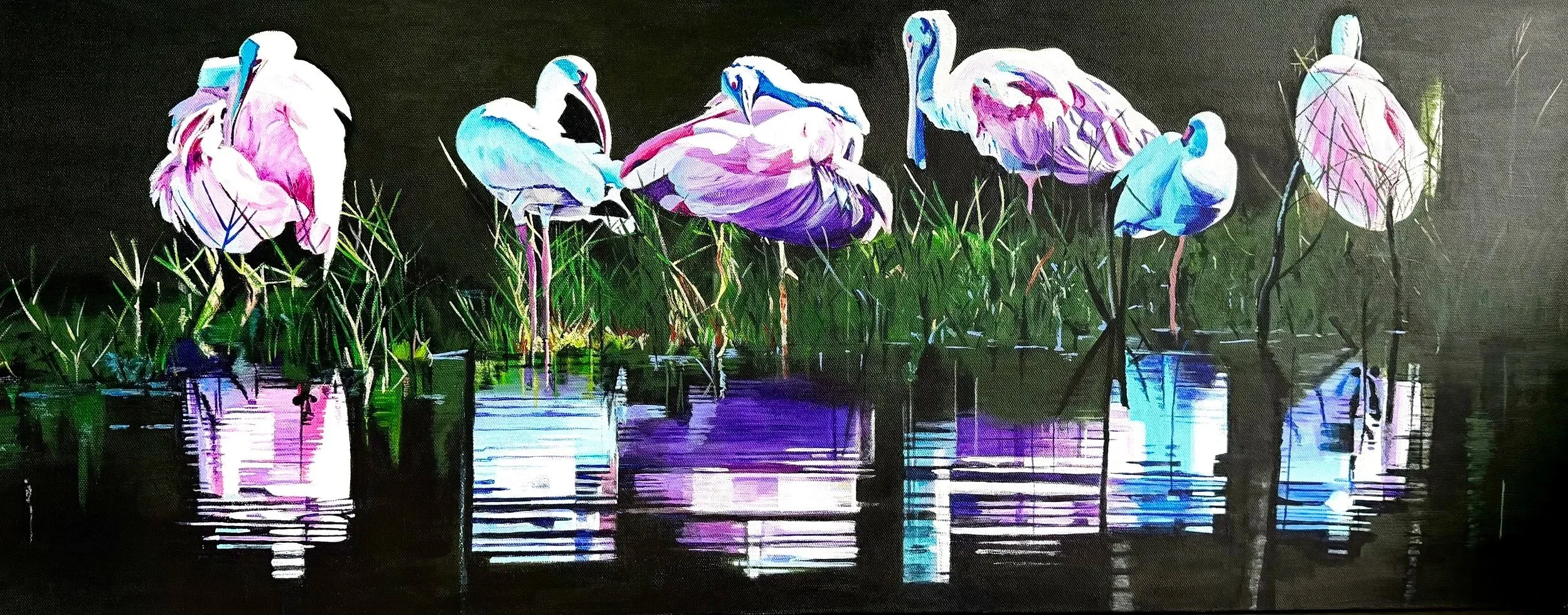 "Roseate Spoonbills hanging with White Ibis" (16x40) $1,280