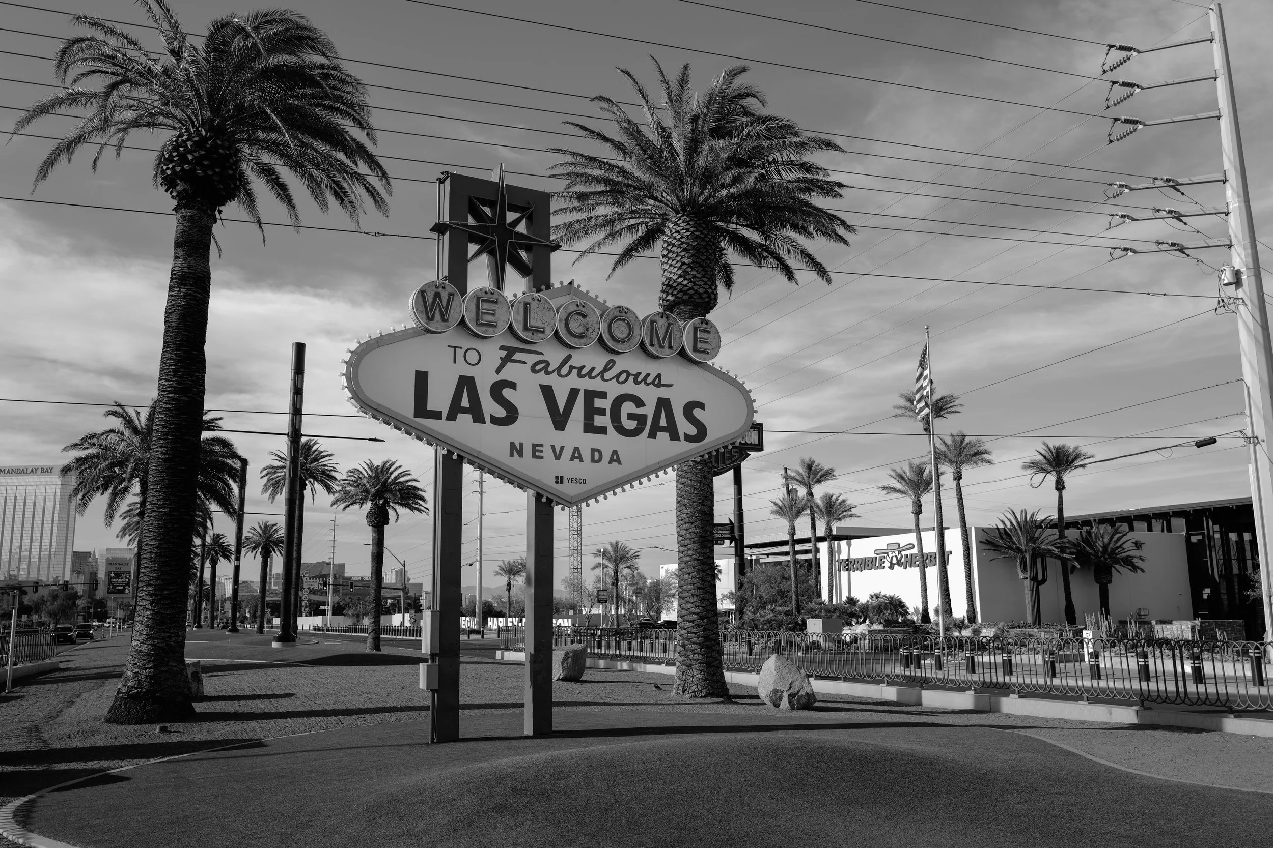 Das berühmte "Welcome to Fabulous Las Vegas" Hinweisschild vor Palmen und Gebäuden in Las Vegas, Nevada, mit stromleitungen im Himmel.
