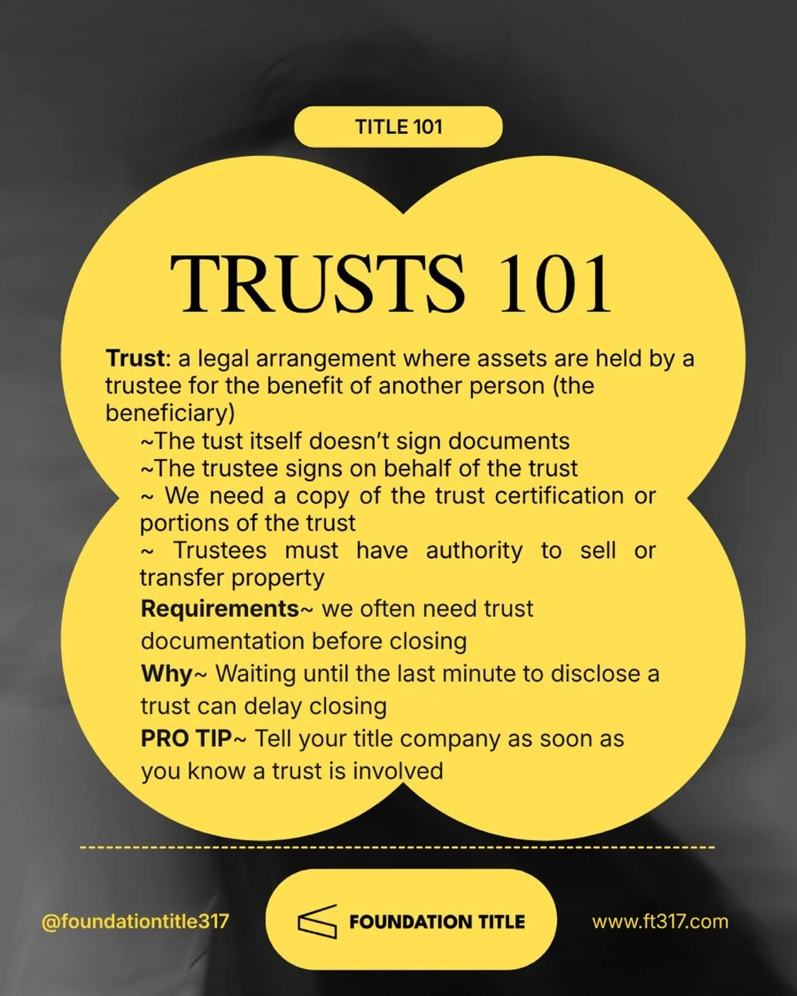 Trusts 101: what every agent should know. 
 Have questions about real estate trusts and transactions? We&rsquo;re always happy to help!