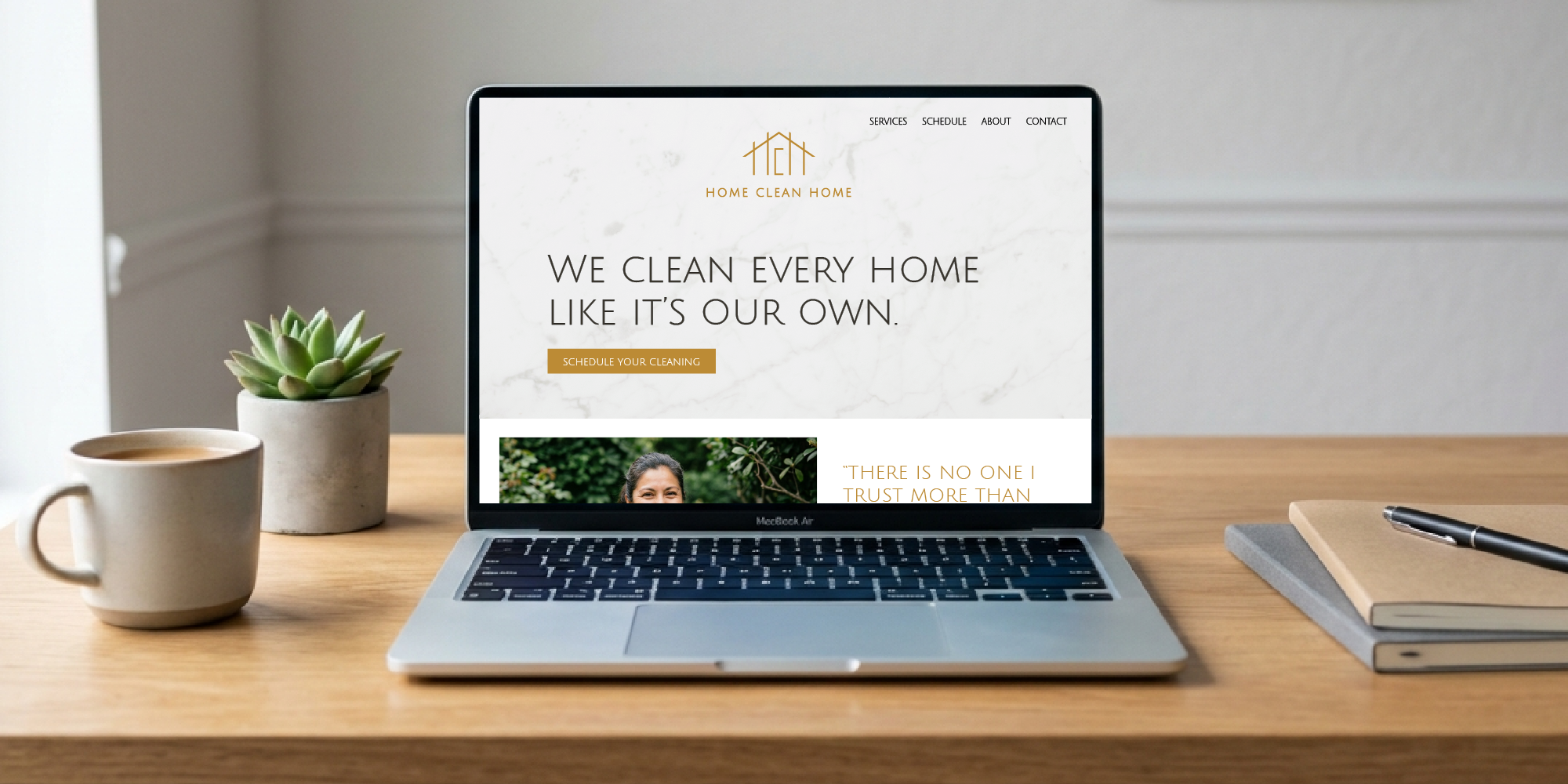 Laptop on desk showing a website for Home Clean Home