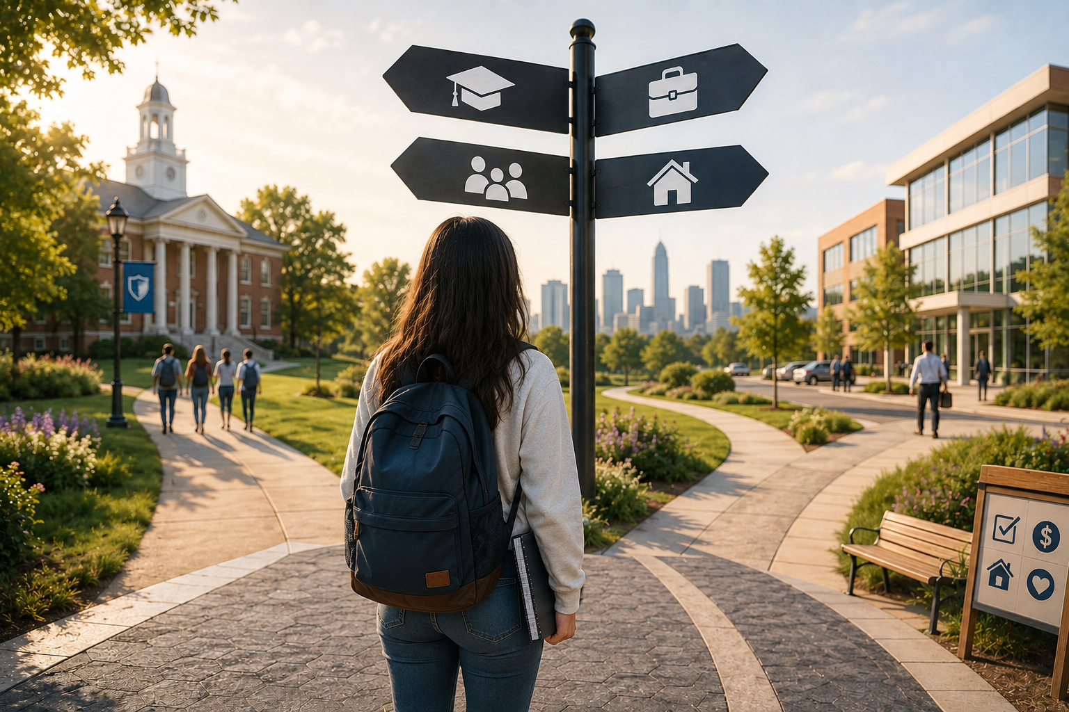 Campus crossroads in soft sunset light