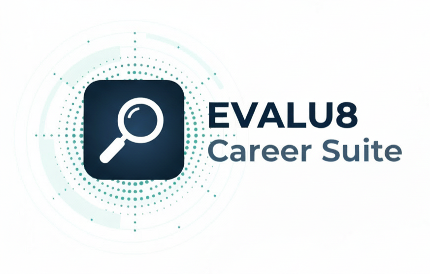 Evaluate Career Suite logo with a magnifying glass and a compass