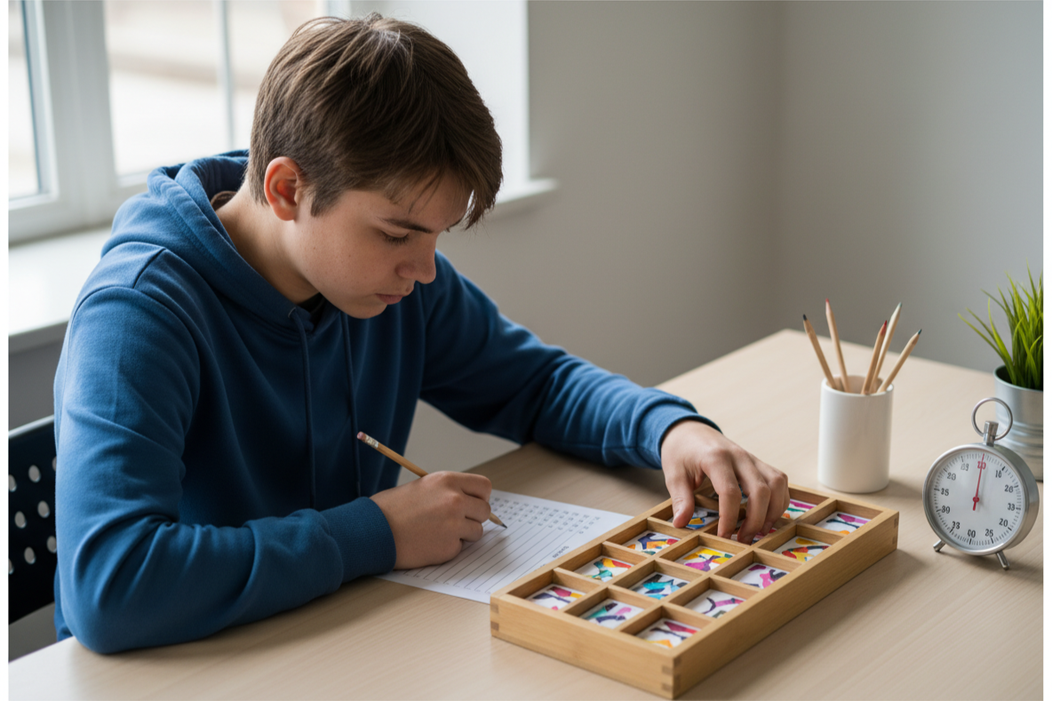 A middle school student taking a test