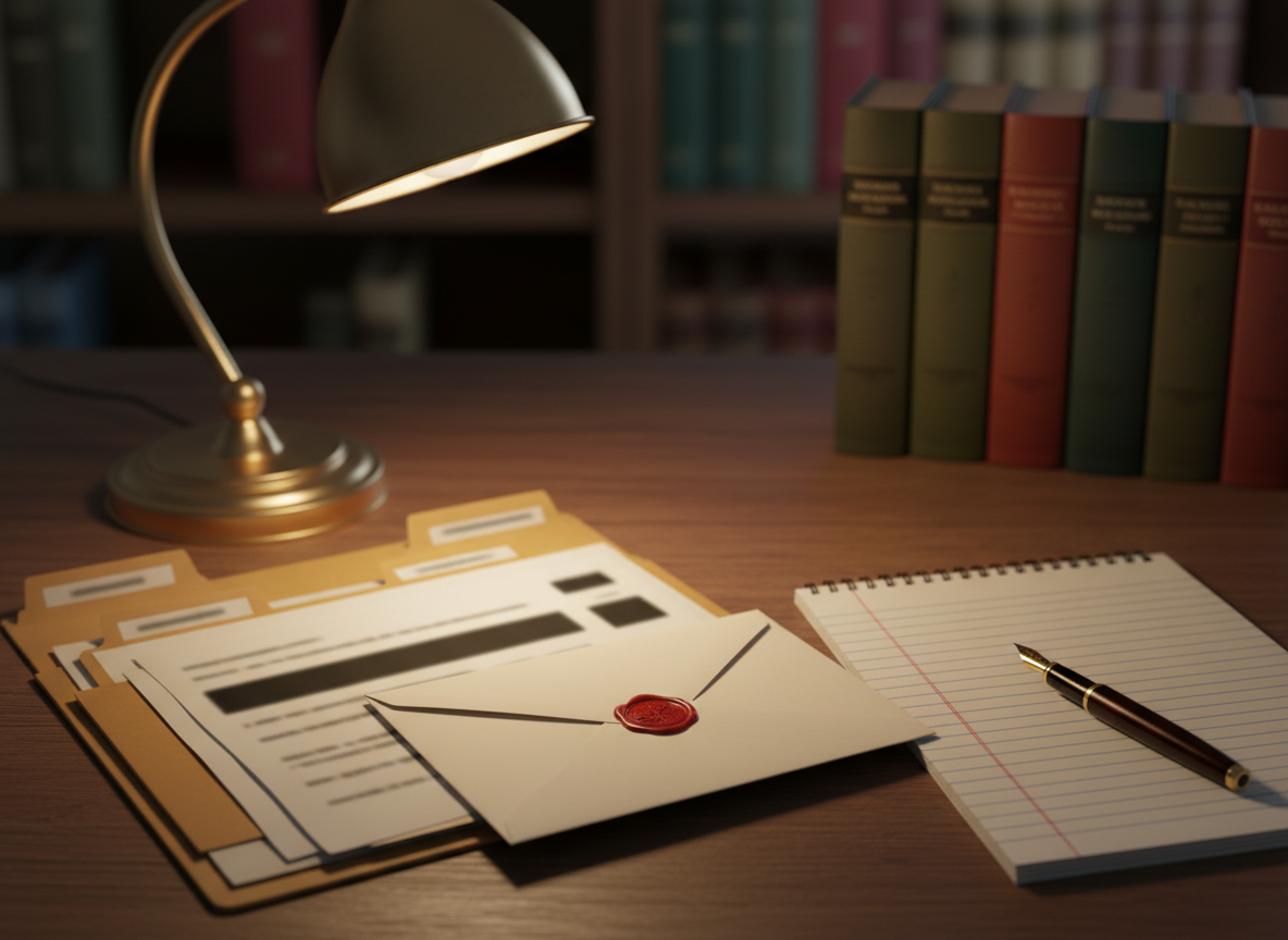 A desk with a lamp and writing utensils