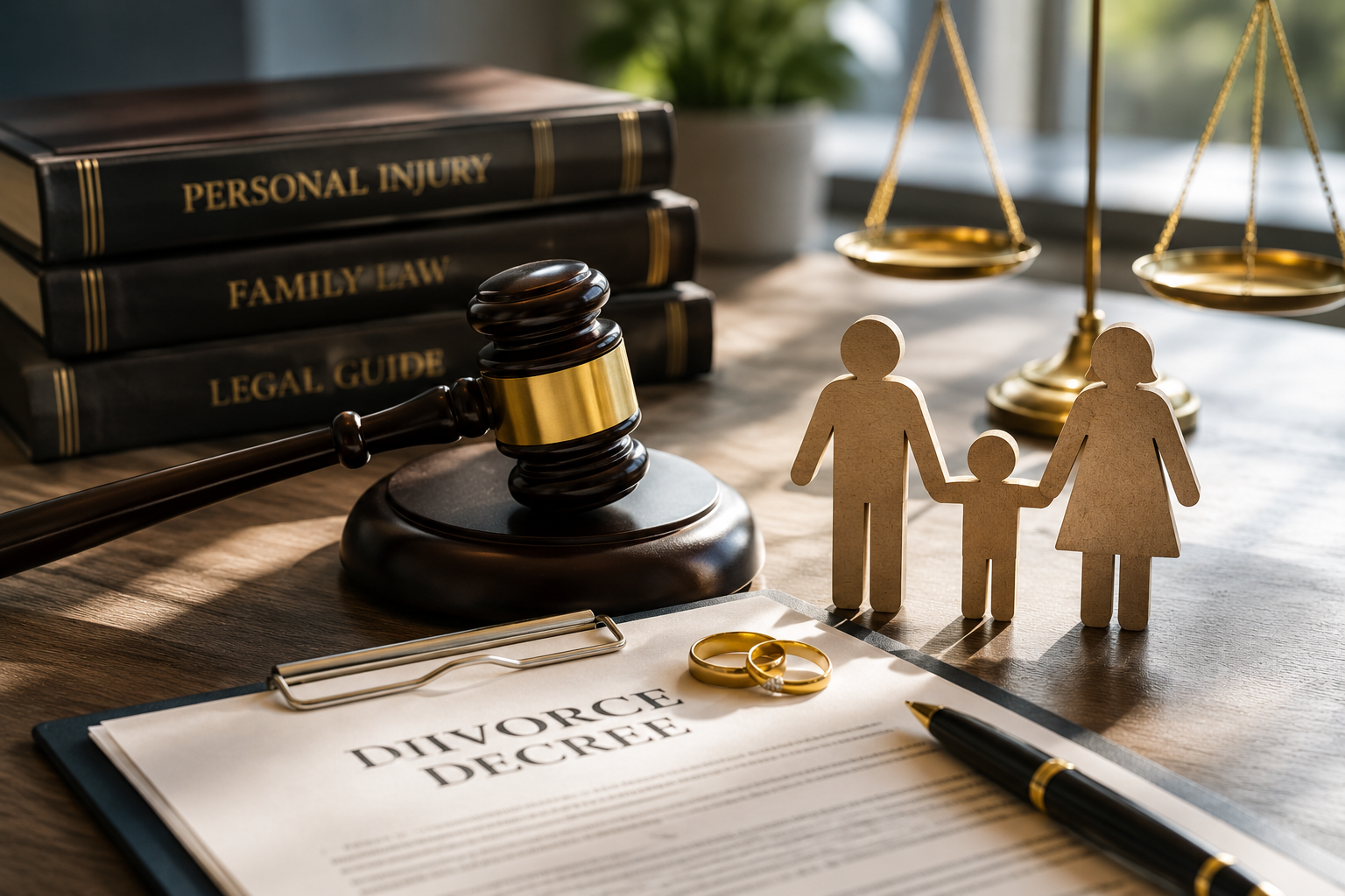 Gavel and sounding block on a desk with books and divorce papers
