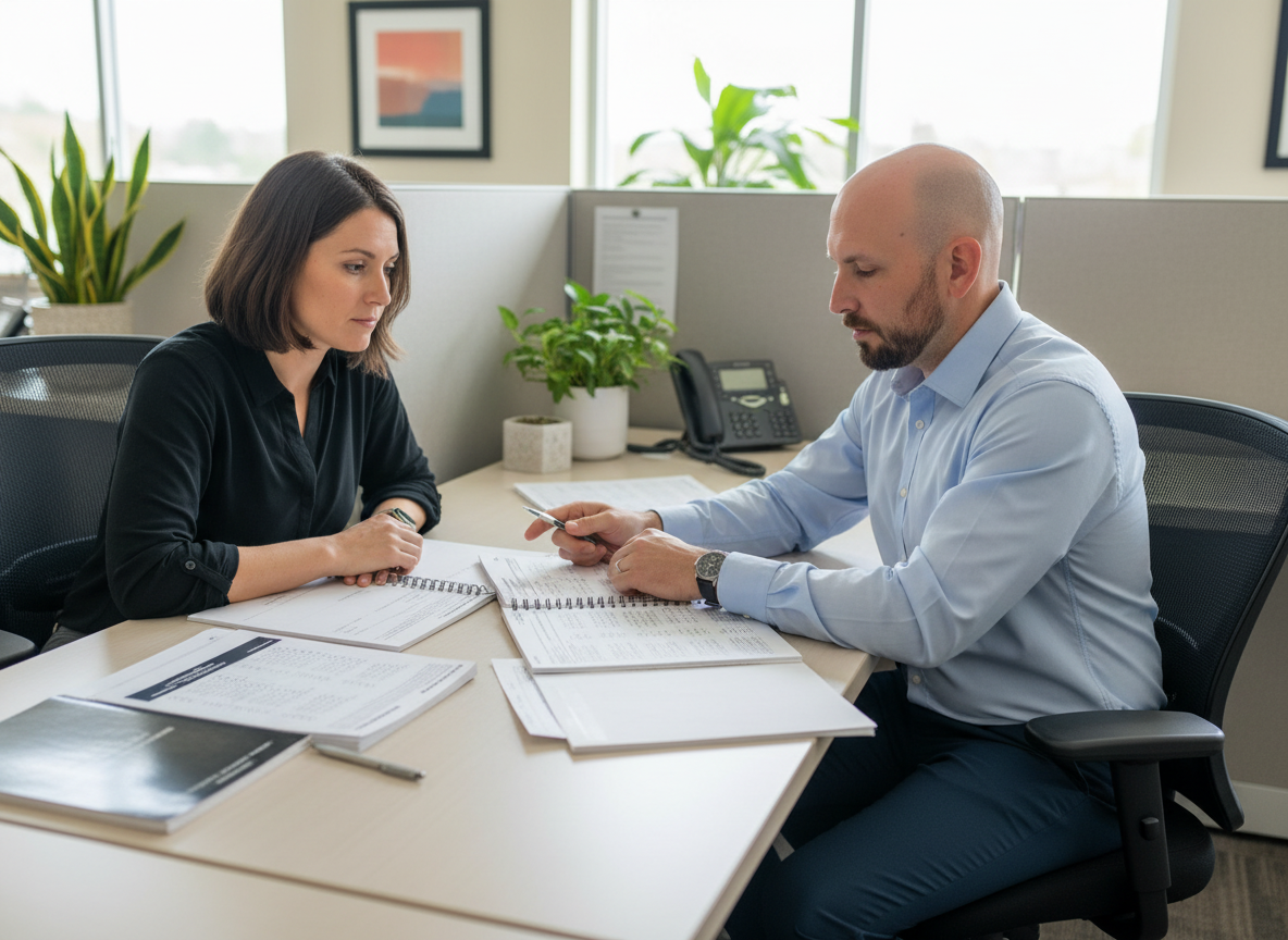 Two people at a desk having a meeting