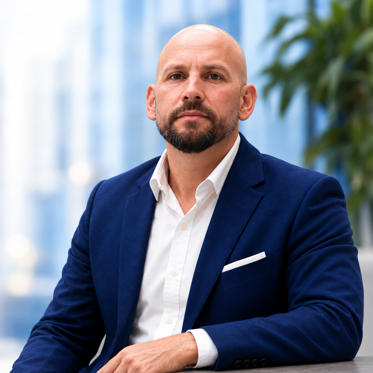 Jonathan Baker. A bald man with a beard, wearing a navy blue suit.