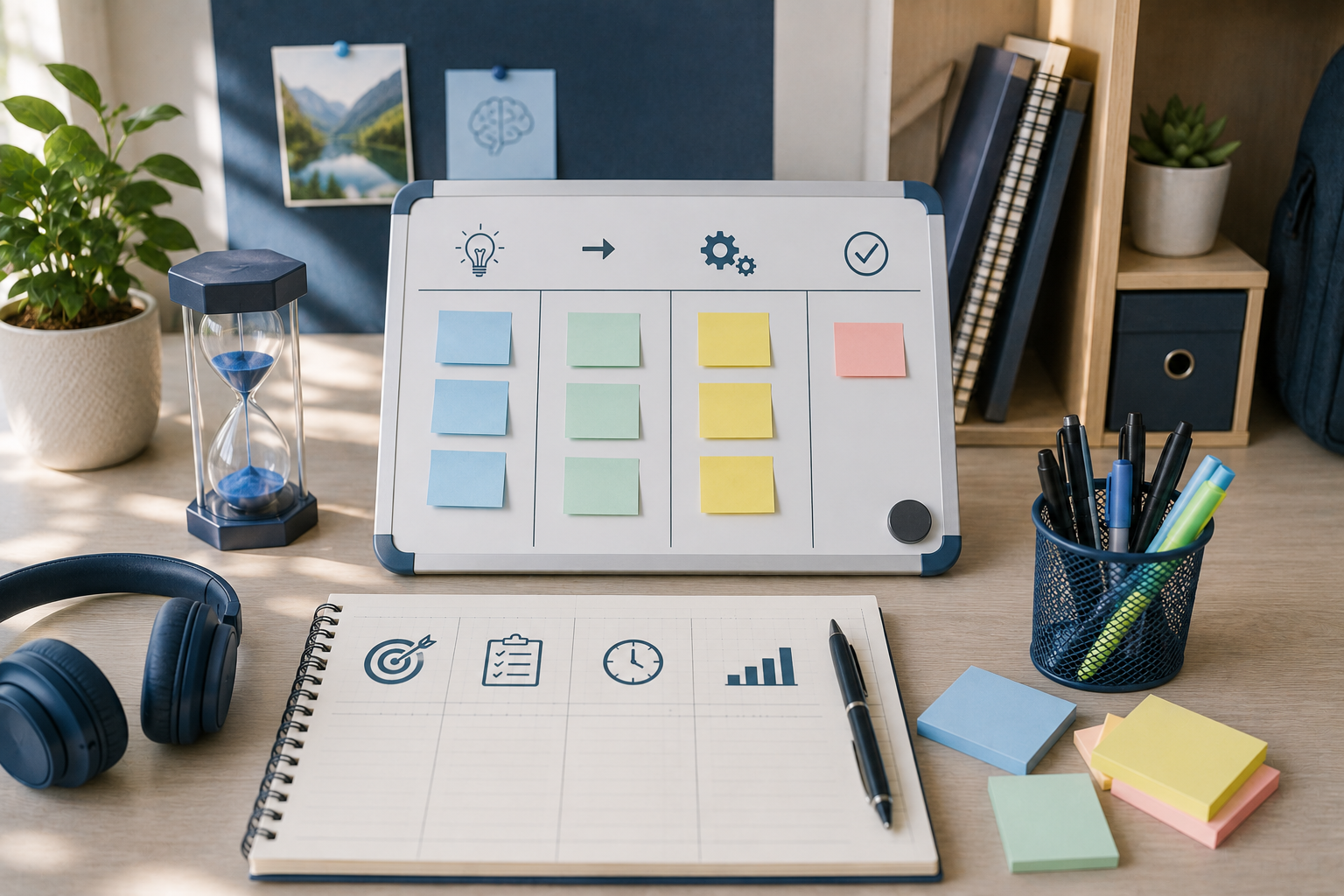 Office desk with a whiteboard featuring colorful sticky notes, a notebook with icons, a pen, a pair of headphones, sticky notes, a clock, a bar chart, a black and blue pen holder with markers, an hourglass, a potted plant, and a bookshelf with books and a plant.