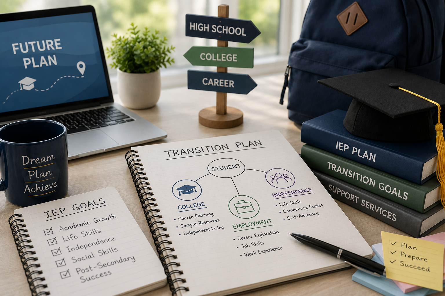 Study desk with college planning items
