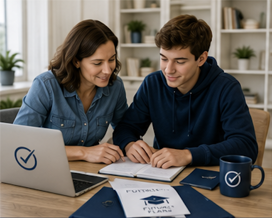 A woman and a young man sitting at a table with a laptop, notebook, and graduation cap document, smiling and working together in a home setting.