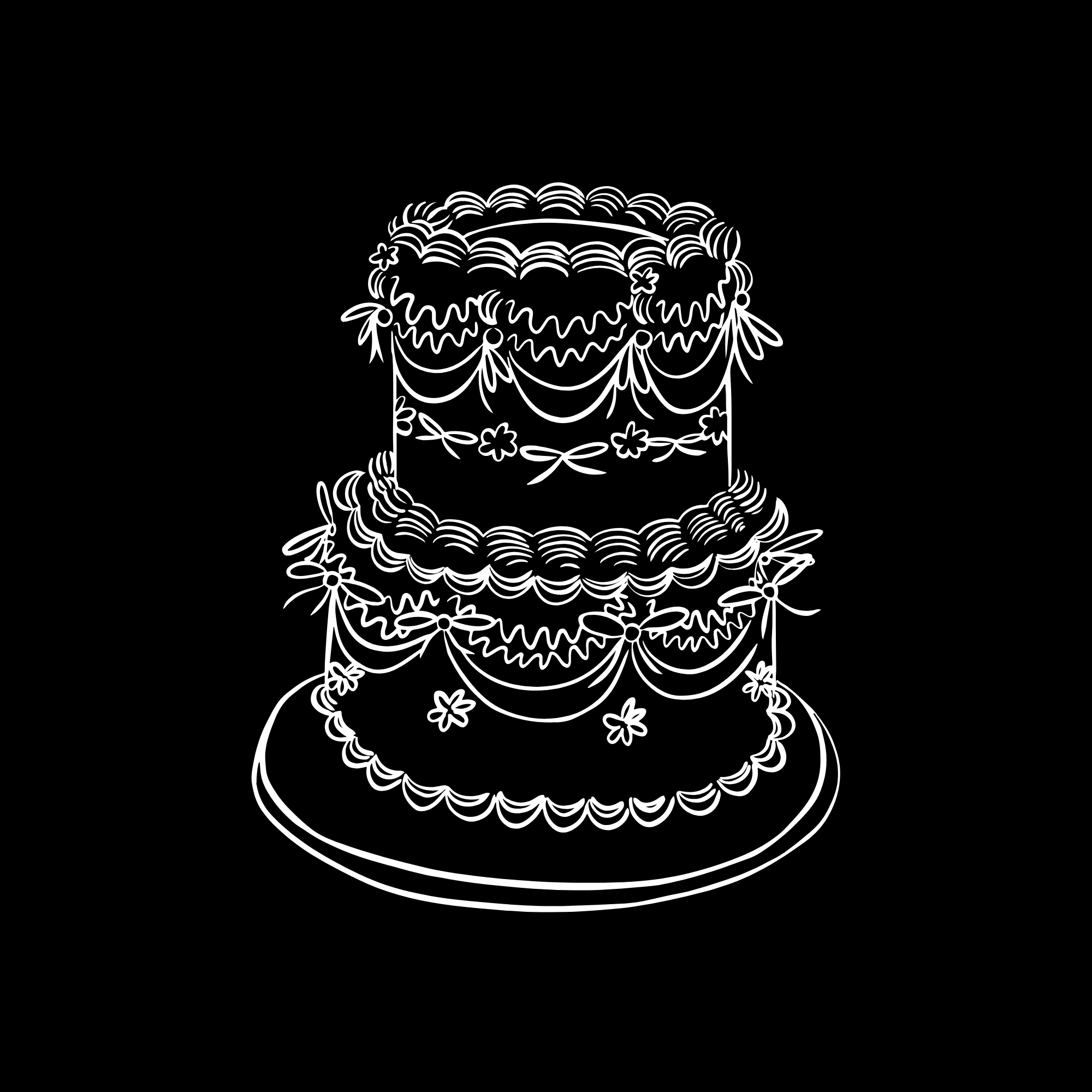 Illustration of a three-tiered wedding cake with floral decorations on a cake stand.