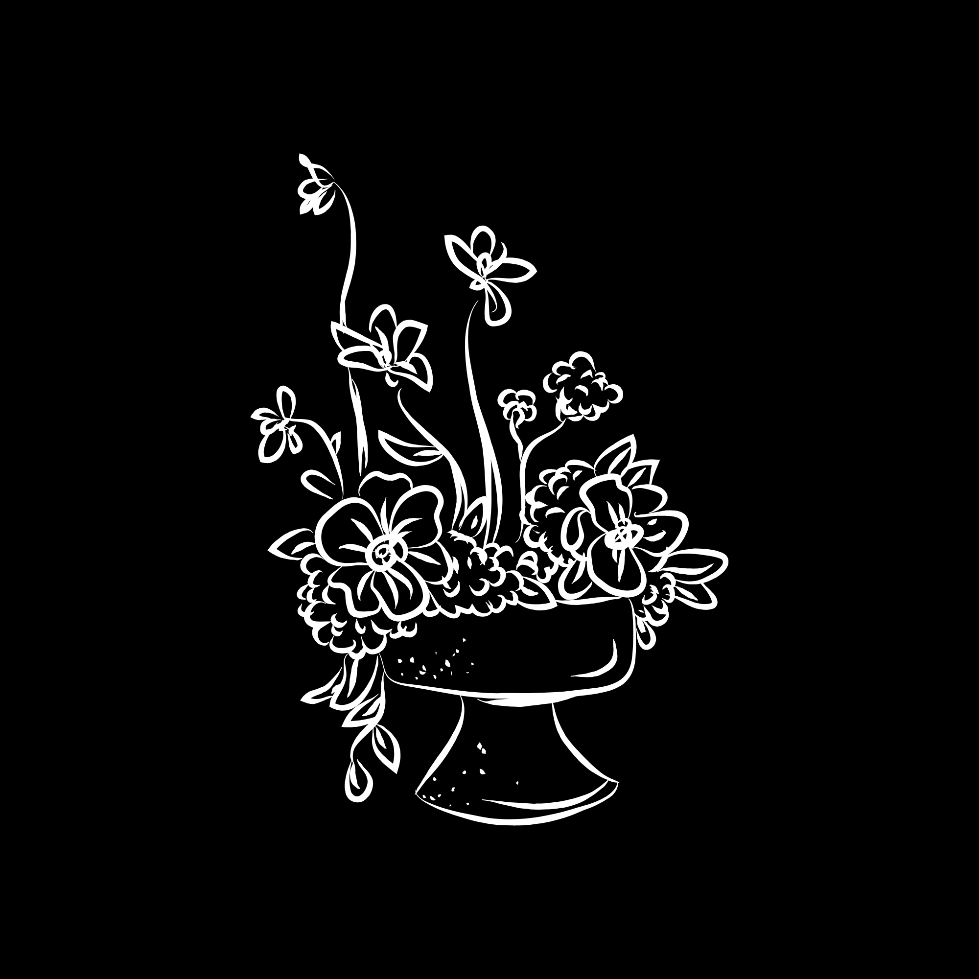 White line drawing of two flowers in a vase on a black background.