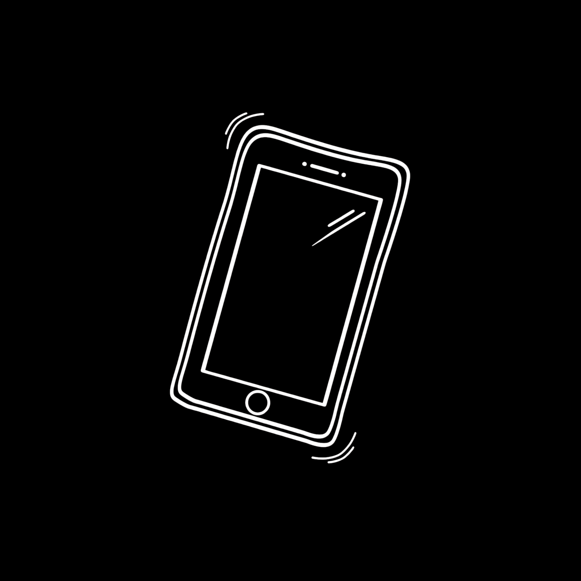 Illustration of a smartphone with a blank screen and a simple outline on a black background, featuring a camera and speaker detail.