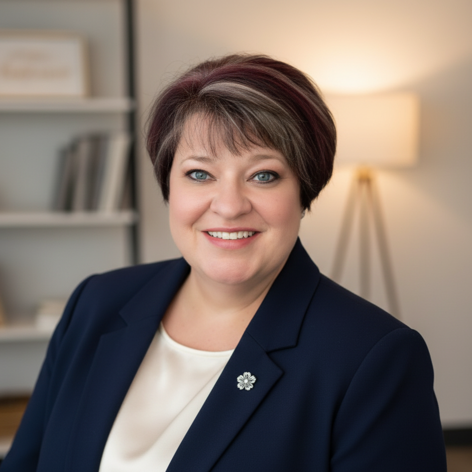 Close-up of a smiling woman with short hair and blue eyes, sitting indoors with a plant and decorative items in the background.