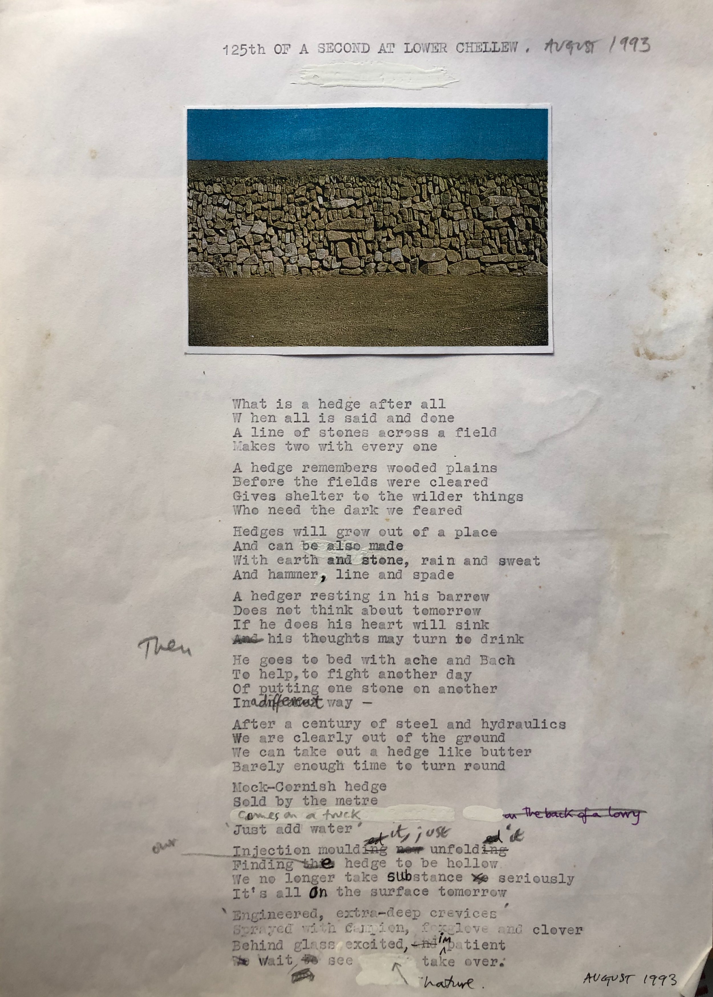An example of Cornish hedge photo art and poem; One 25th of a second at Lower Chellew, August 1993.