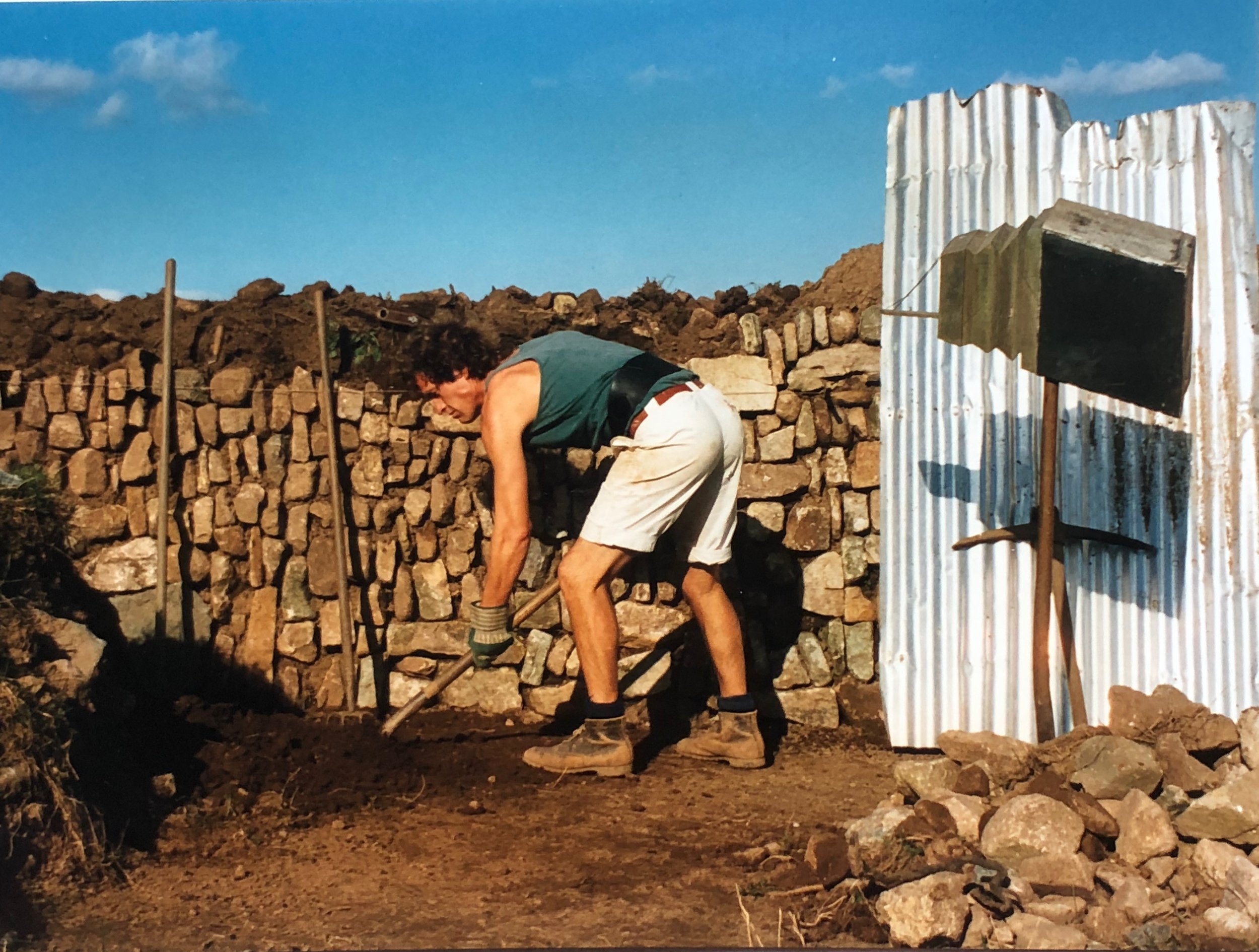 After completing the Barn in Cornwall Matthew set about building a Cornish hedge along the new boundary with the farmer’s field. Early 1990’s.