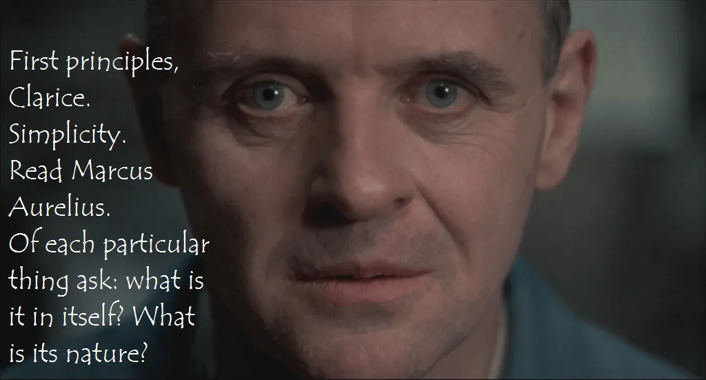 Close-up of a man with intense expression, next to text about first principles and quoting Marcus Aurelius.