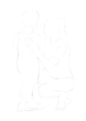 Outline drawing of a family with three adults and three children holding hands and interacting.
