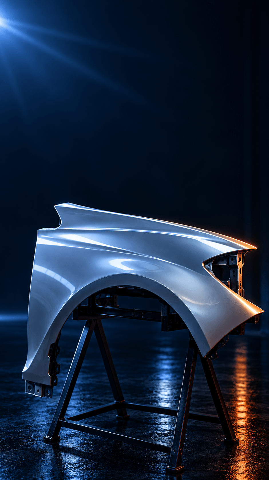 A shiny, metallic car fender mounted on a work stand in a dark, industrial setting with dramatic lighting.