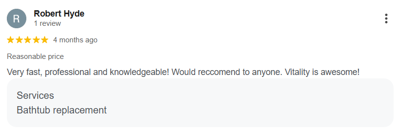Review text with 5-star rating for services including bathtub replacement, praising professionalism and quickness.