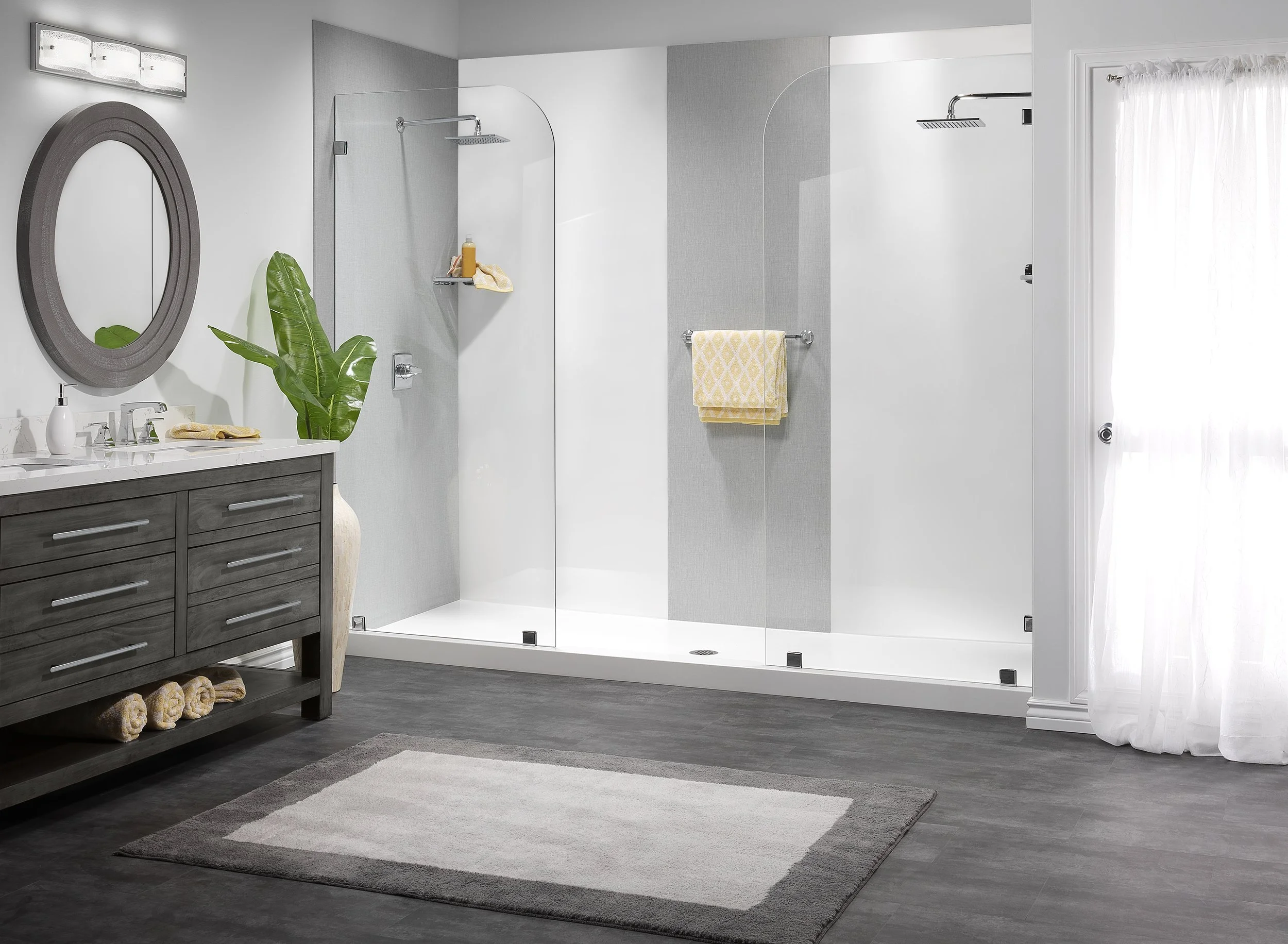 Completed walk-in shower remodel with glass doors