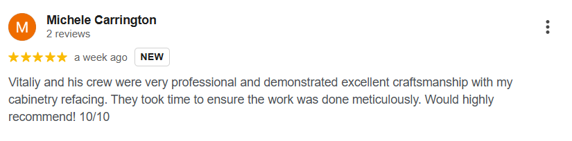 Screenshot of a review on a service or product, written by Michele Carrington, giving five stars, praising professionalism and craftsmanship, and recommending the service.