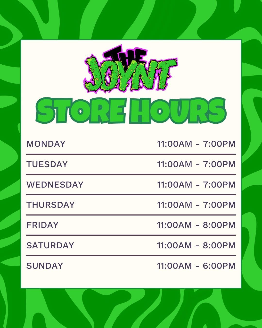 Good vibes don’t clock out…but we do!
Mon–Thurs: 11–7
Fri–Sat: 11–8
Sun: 11–6
We’re open, we’re vibin’, and we’ve got what you didn’t know you needed. See you soon 😉🌿